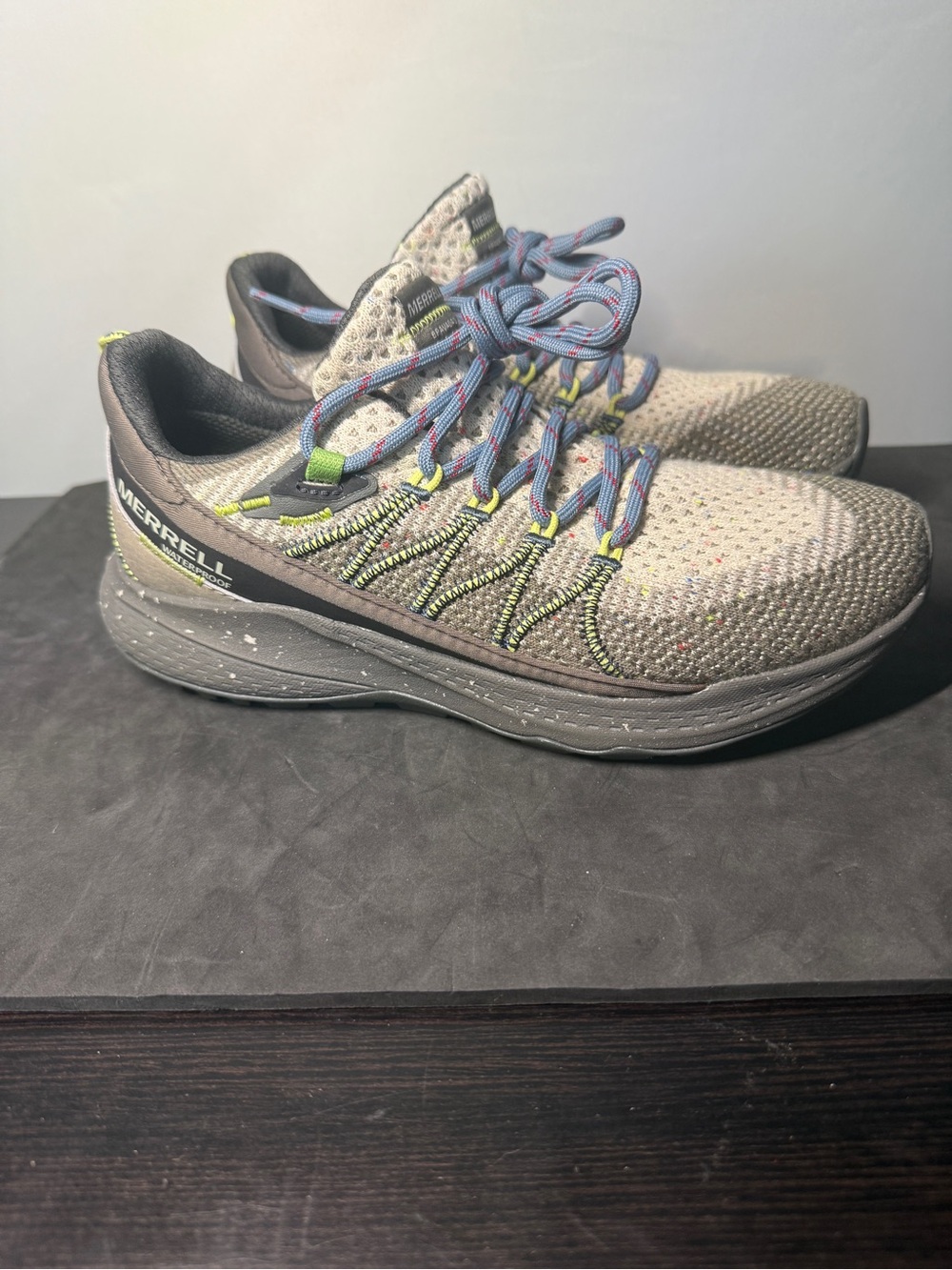 Merrell Women's Gray Knit Athletic Shoes with Blue and Lime Accents